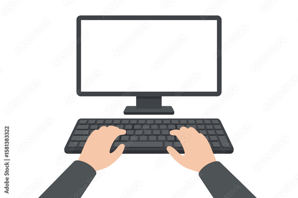 Poster top-down view of hands typing on a computer keyboard with blank monitor screen, illustrating coding,