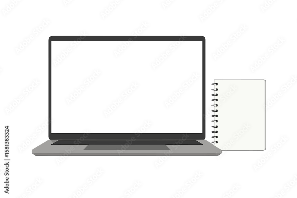 Fototapete modern laptop and notebook mockup front view with blank computer screen and spiral-bound notebook on