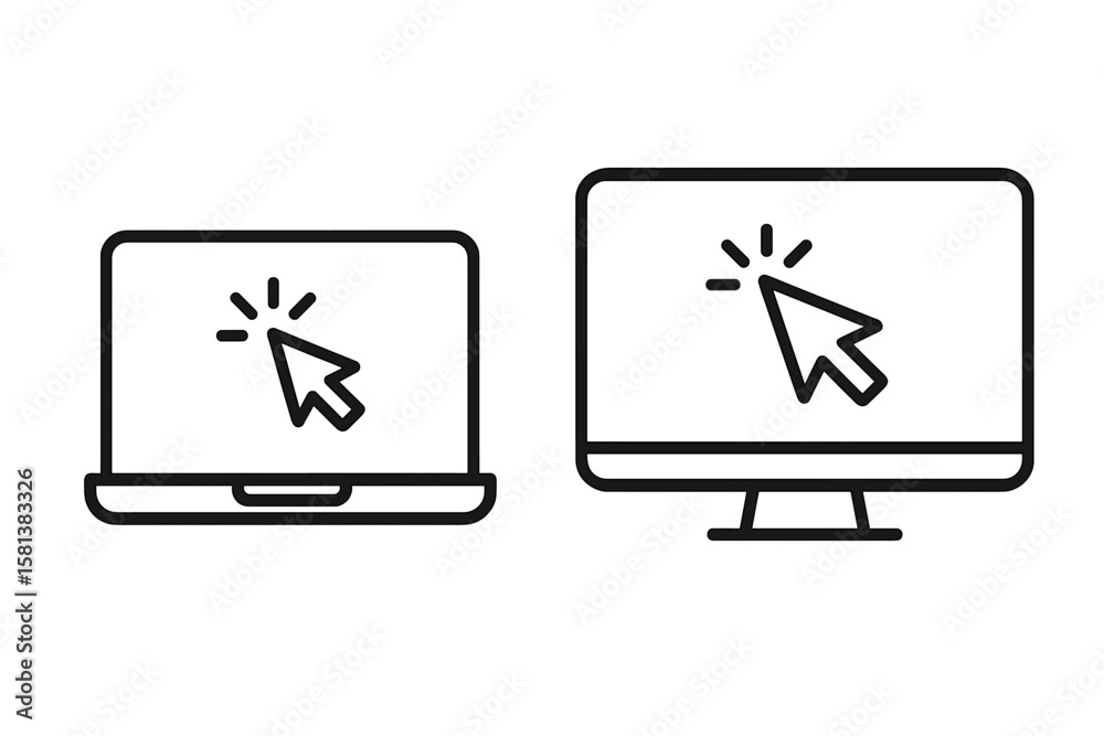 Fototapete laptop and desktop computer screens with pointer click cursor icon. user interface click interaction