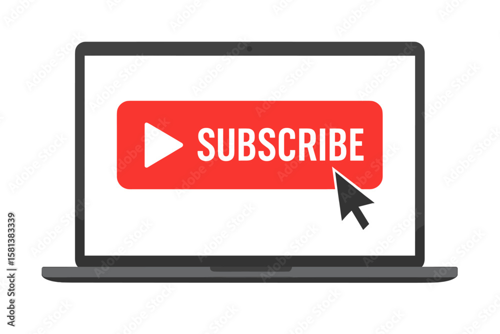Aufkleber laptop screen displaying red subscribe button with mouse cursor click, call to action for channel su