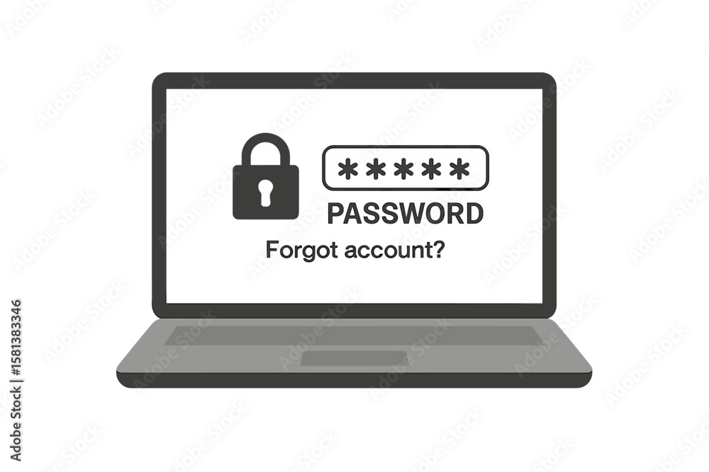 Poster laptop computer on dark background displaying password entry with stars, padlock security icon, 'for