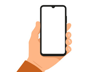 Hand holding black smartphone with blank screen, flat style vector illustration, mobile phone mockup, app template, digital device, technology, communication, modern gadget, isolated