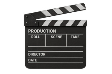 Detailed film clapperboard displaying production information, resting against transparent background, representing movie production process