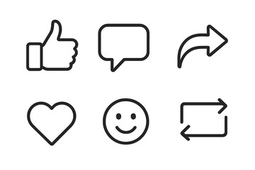 Minimalistic vector line icon set of social media reaction symbols: thumbs up like, comment bubble, share arrow, repost loop, heart love, smiling emoji face design