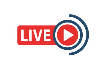 Live streaming broadcast vector icon with play button and signal waves, online video streaming emblem for media, TV, sport, news, radio, digital streaming, live video broadcast