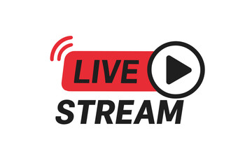 Live stream broadcasting icon with play button and wireless signal emblem. Online video streaming media design element for TV sport news radio webcast digital entertainment logo