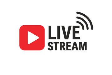 Live stream symbol with play button and broadcast waves. Online streaming video icon emblem for live TV, sport, news, and radio broadcasting. Vector design with neon red glow.