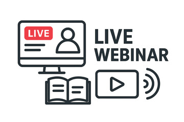 Live webinar streaming vector illustration with red live button, user avatar, open book and play icon for online seminar, virtual conference, elearning, internet event, education