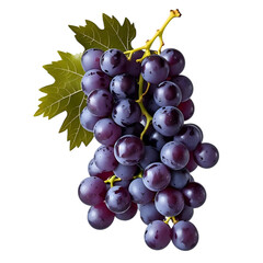 Fototapeta premium Fresh ripe purple grapes with green leaf isolated on transparent background