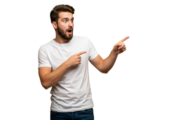 A man pointing backward in shock on transparent background