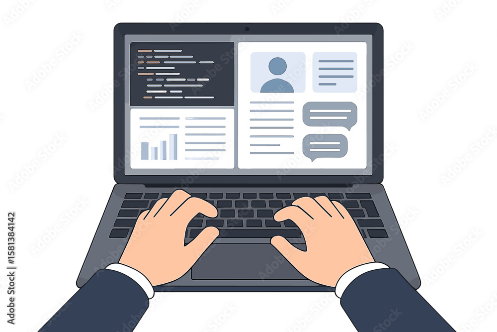 Poster top view hands typing laptop keyboard. businessman working on computer. coding, programming, online 