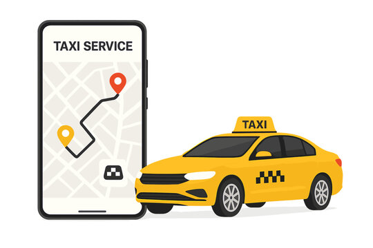 Taxi service app on smartphone screen with city map, route, and location points. Online taxi ordering with yellow taxi car illustration. Mobile navigation & transport vector.