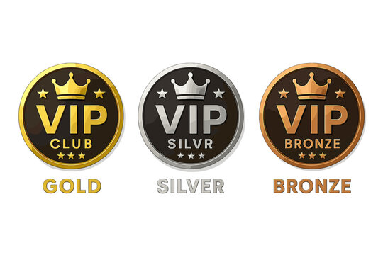 VIP club icons with crown and stars. Set of round labels for three membership levels in gold, silver, and bronze. Vector illustration for loyalty program, reward, and premium access.