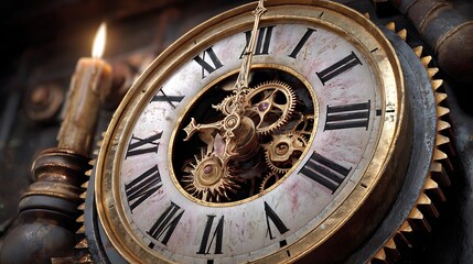 Fototapeta premium Antique Clock with Visible Gears and Roman Numerals in Soft Candlelight Setting for Vintage Aesthetic