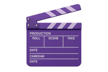 Purple movie clapperboard isolated on transparent background, ready for adding information about scene, take, roll, date, and camera