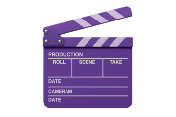 Purple movie clapperboard isolated on transparent background, ready for adding information about scene, take, roll, date, and camera