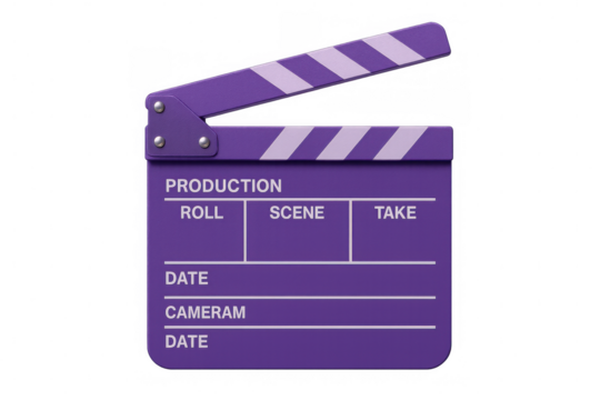 Purple movie clapperboard isolated on transparent background, ready for adding information about scene, take, roll, date, and camera