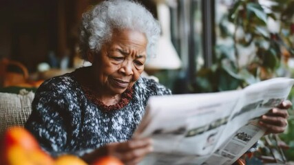 Senior woman reading the news paper at home, lifestyle portrait