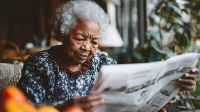 Senior woman reading the news paper at home, lifestyle portrait