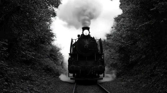 Vintage Steam Train Black White Classic Locomotive Railway Track Smoke