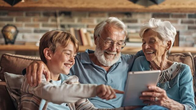 Young grandson teaching elderly grandparents how to use modern tablet technology, bridging generational digital divide in cozy home setting. Child with modern tablet or laptop - Powered by Adobe