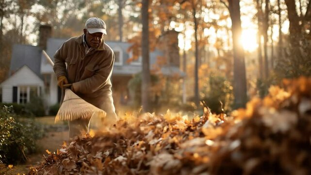 Man raking autumn leaves on a lawn, backyard fall cleanup chore