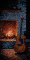 Naklejka premium Acoustic Guitar Leaning Against Fireplace in Cozy Living Room with Warm Lighting