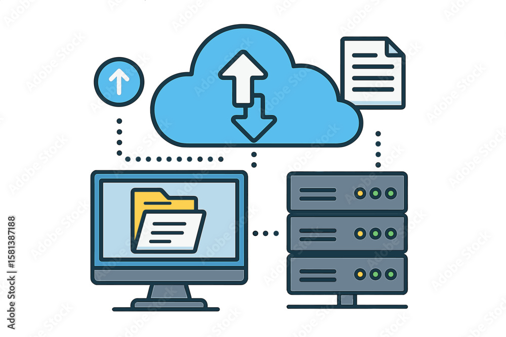 Fototapete Cloud computing web hosting service concept. Database for documents and files on computer. Cloud storage for upload and download data. Backup and recovery digital service vector.