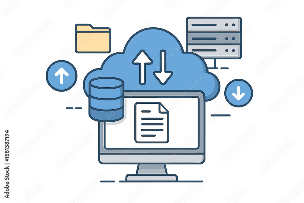 Fototapete Cloud computing concept. Web hosting service. Database for documents and files on computer. Cloud storage for upload and download data. Backup and recovery. Digital service.