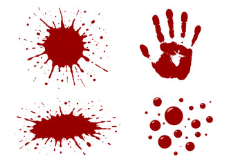 Blood splatter vector illustration. Realistic red stain, drop, bloody handprint set. Horror, crime scene, Halloween design element. Murder mystery forensic evidence graphic.