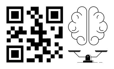QR code next to brain outline and balance scale. Ideal for technology, intelligence, decision-making, balance, innovation, creativity, modern concepts. A simple flat metaphor