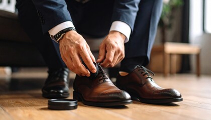 Man In Suit Lacing Up Brown Leather Formal Shoes