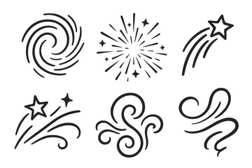 Decorative Swirl and Starburst Vector Set, Hand Drawn Doodle Style, Abstract Swirls, Fireworks, Shooting Stars, Wind Elements, Isolated Black Line Art Icons Collection