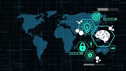 Human digital brain on Holographic screen virtual hud elements, Futuristic User Interface. On interface start up glowing brain icon connecting neon line, charts sliding visualizing data flow. - Powered by Adobe