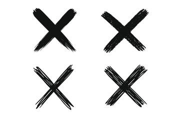 Obraz premium Hand-drawn cross marks vector set of 4 unique X icons in diverse brush stroke, chalk, and sketch styles, perfect for error messages, voting, exams, and design projects