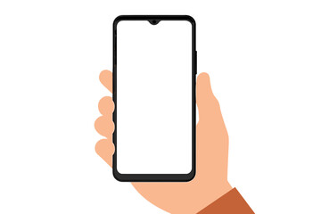 Hand Holding Smartphone with Blank Screen, Black Mobile Device, Flat Vector Illustration, Isolated on White Background, Mockup Template for App, User Interface, Technology Concept