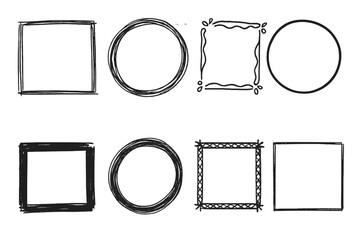 Hand drawn square and circle frame collection. Sketchy, abstract, decorative, minimalist borders. Doodle geometric shapes. Vintage, modern, simple, ornate, outline frames for design templates.
