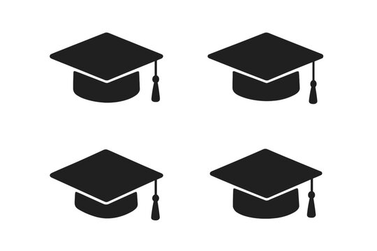 Graduation cap icons, academic achievement symbols, education milestone graphics, black silhouette graduation caps on white, ideal for school, university, diploma, success