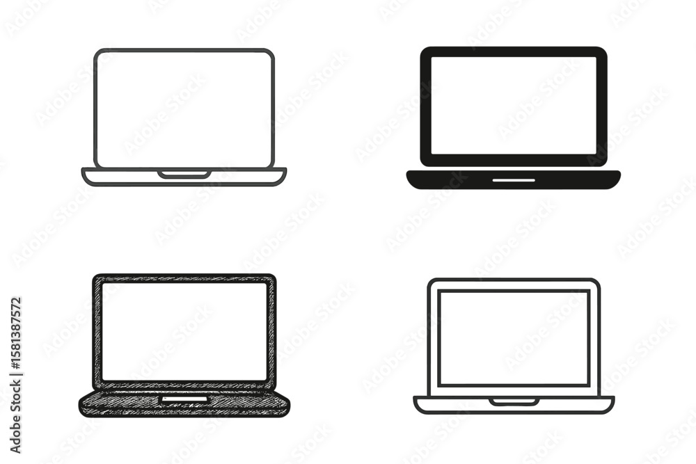 Fototapete set of 4 laptop and notebook vector icons in different styles, computer monitor and screen display g