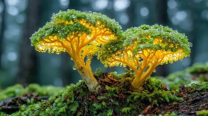 Two luminous, tree-like fungi emerge from moss-covered earth.