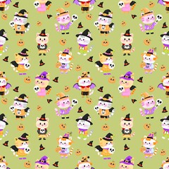 Fototapeta premium Cute ghost cat Halloween seamless pattern 
