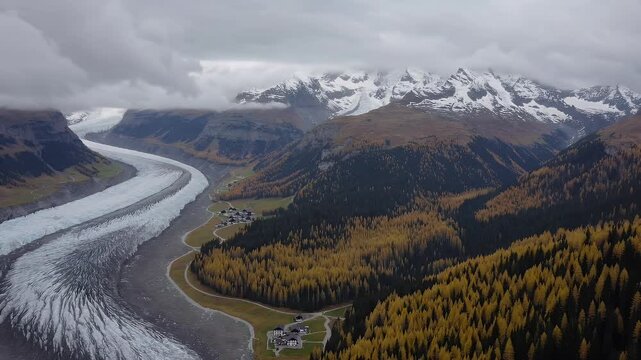 drone captures peaceful Swiss alpine landscape with glacier  yellow forest and misty weather above Saas Fee valley offering moody autumn atmosphere perfect for travel content or nature appreciation