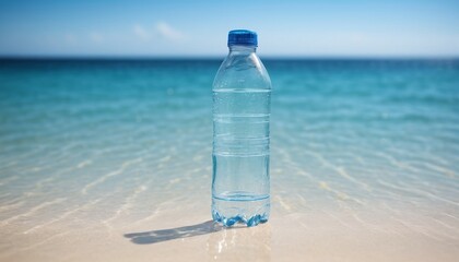 A bottle of freshwater before the vast saltwater ocean, costly drinking water - ai generated