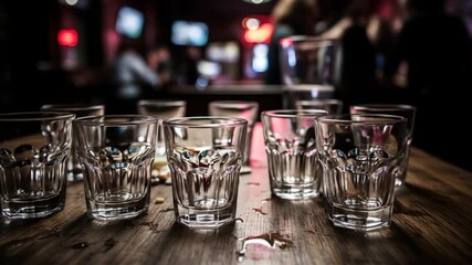 Empty shot glasses on a bar top, ready for a round of drinks in a dimly lit setting