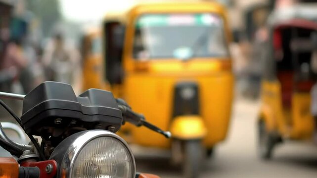 Motorcycle headlight street scene auto rickshaw urban traffic blurred background