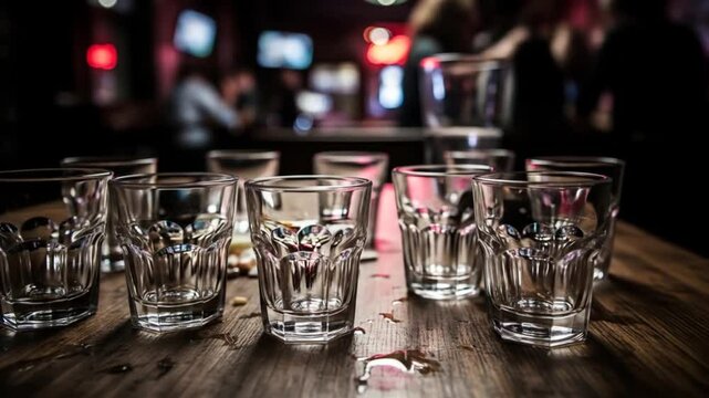 Empty shot glasses on a bar top, ready for a round of drinks in a dimly lit setting