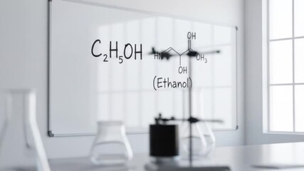 Ethanol Chemical Formula on Whiteboard in Bright Laboratory with Glassware and Equipment