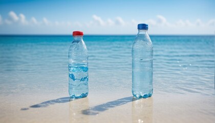 A bottle of freshwater before the vast saltwater ocean, costly drinking water - ai generated