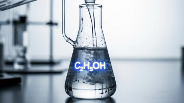 Ethanol Experiment: Liquid Being Poured into Flask with Chemical Formula Displayed