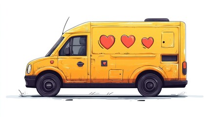 A stylized illustration of a yellow delivery van with three hearts on its side, suggesting a love-themed service or business.